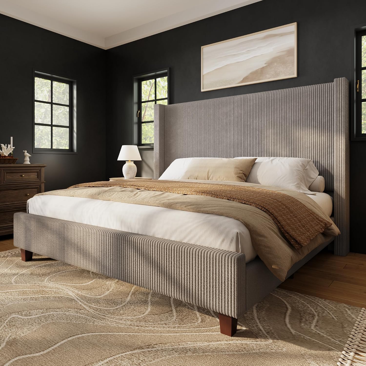Canopy Bed Frame Metal Queen - 50,8 İnç Kadife Kanatlı Başlıklı, Kraliçe