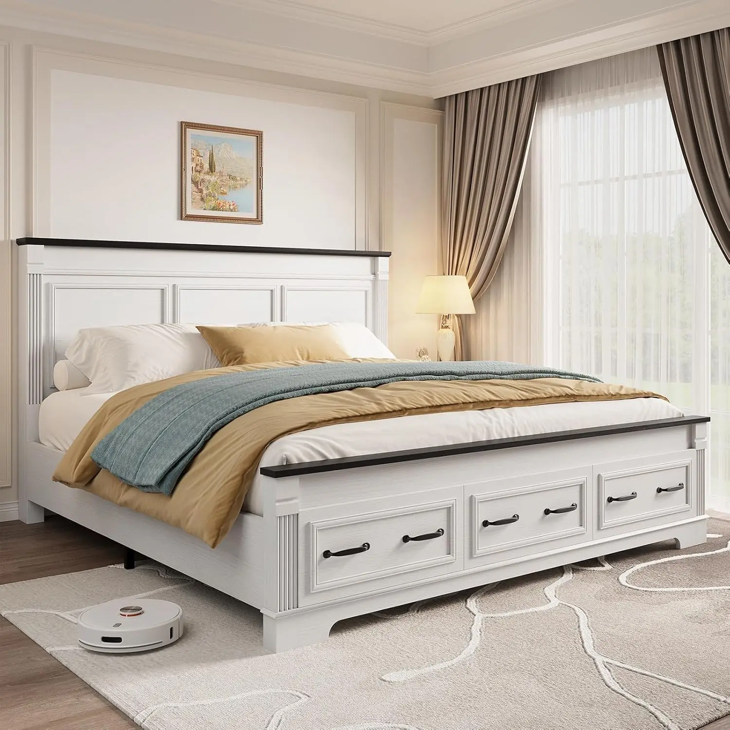 King Size Bed Frame With Storage Drawers - Çiftlik Evi Tarzı, Kral Boyutu Yatak