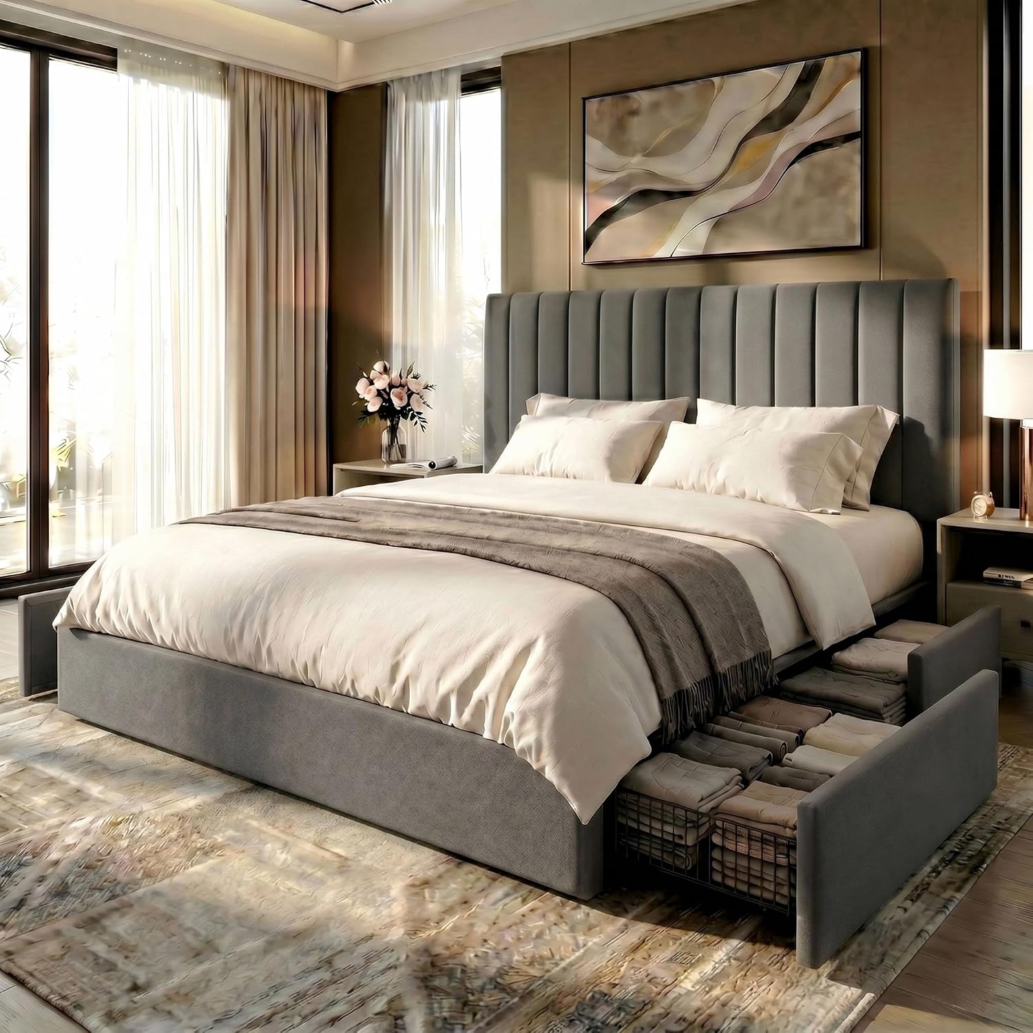 King Size Bed Frame With Storage Drawers - 4 Adet Büyük Boy Çekmeceli, Özelleştirilebilir