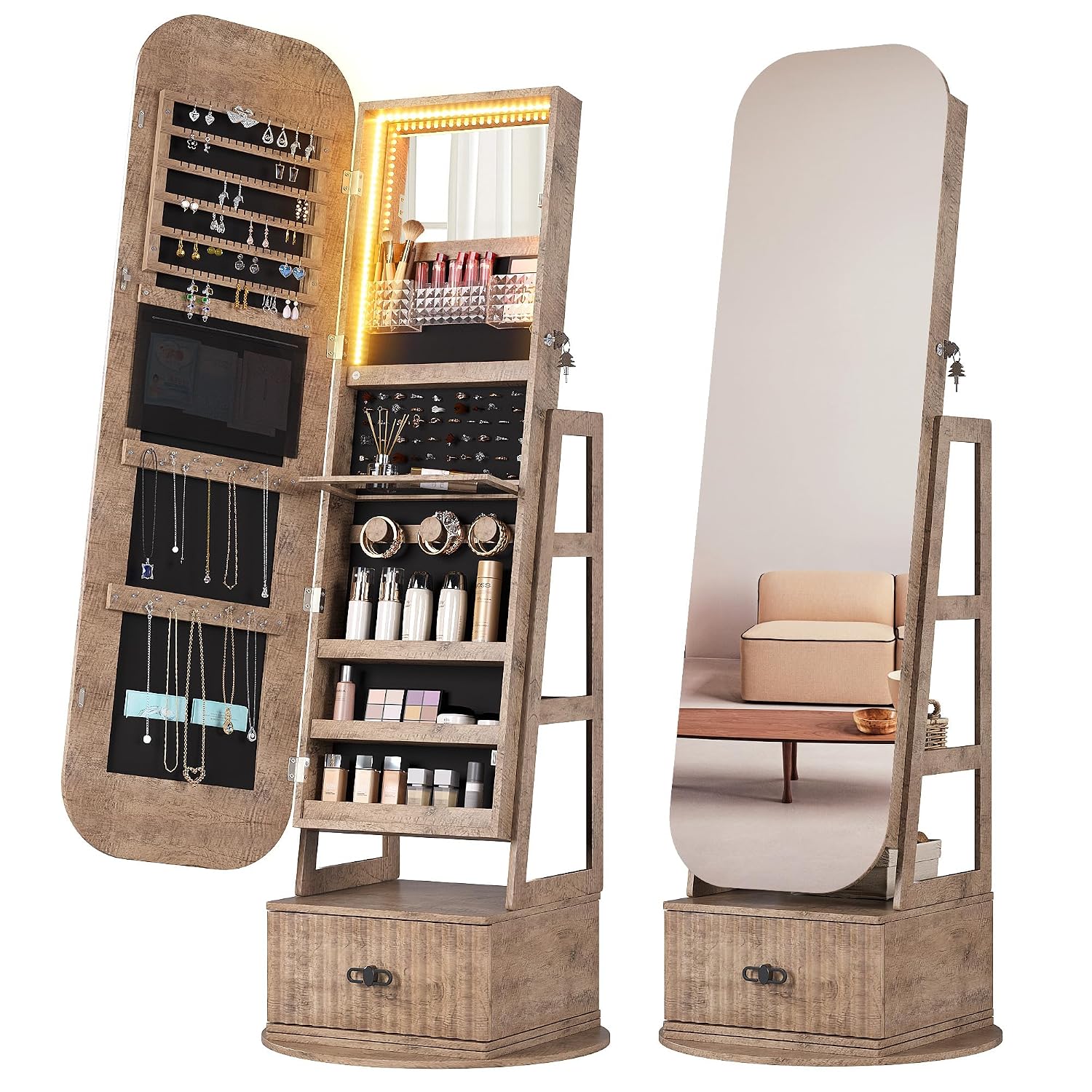 Full Length Mirror Jewelry Armoire - 360 Derece Dönebilen, Tam Boy Aynalı