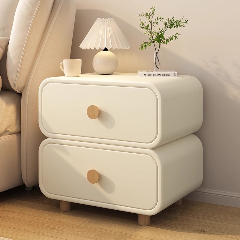 Solid Wood Nightstand 2 Drawers - Minimalist Krem Komodin Yuvarlak Kenarlı 2