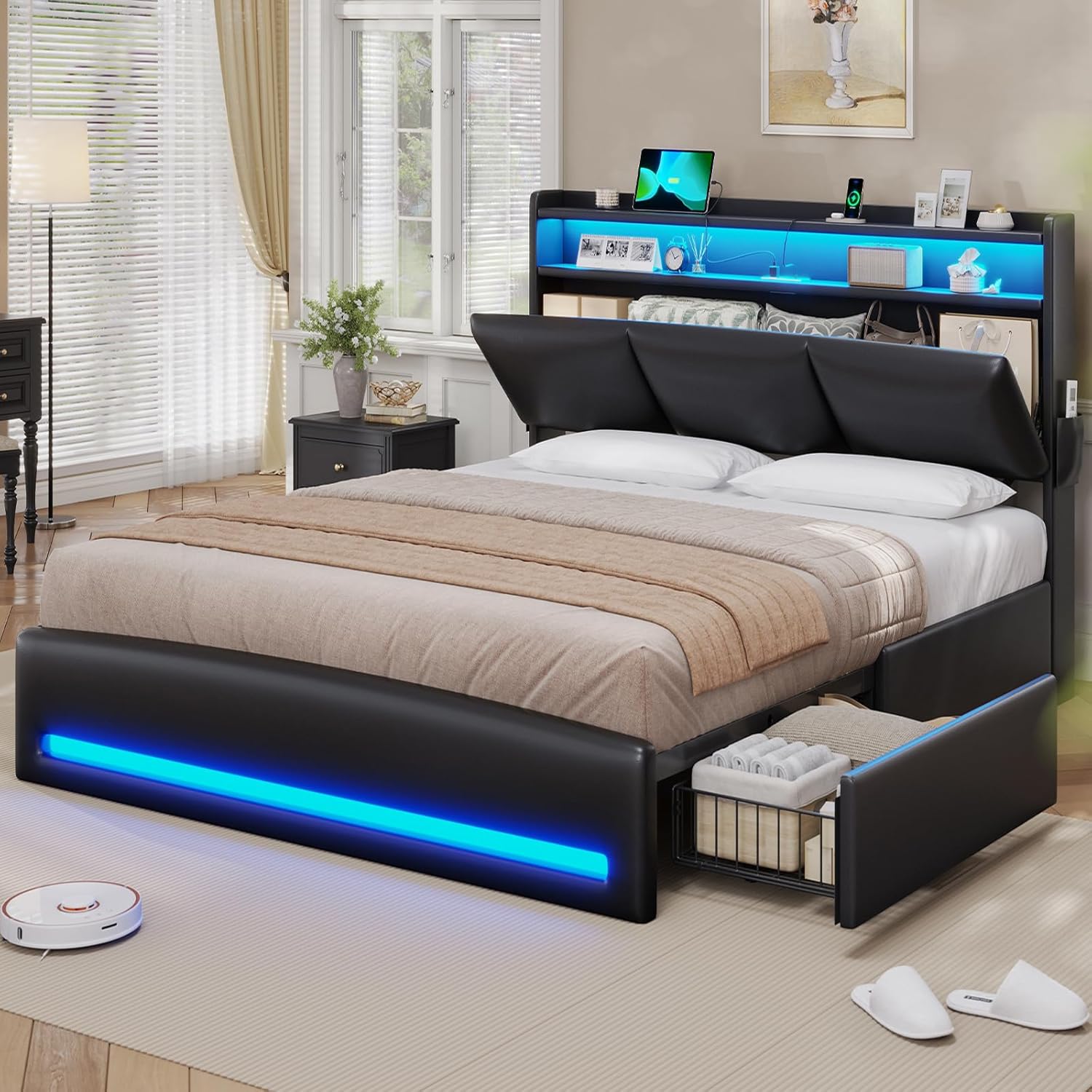 Canopy Bed Frame Metal Queen - Depolama Alanlı Başlıklı ve Şarj İstasyonlu
