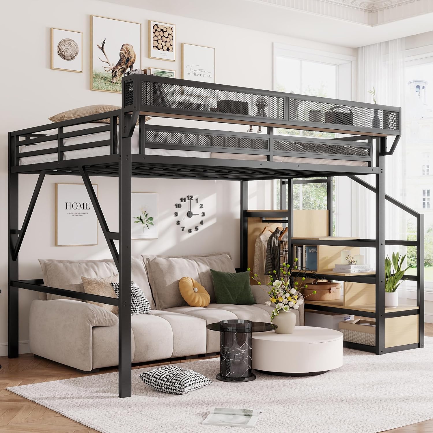 Canopy Bed Frame Metal Queen - Merdivenli ve Depolama Alanlı Kraliçe Boy