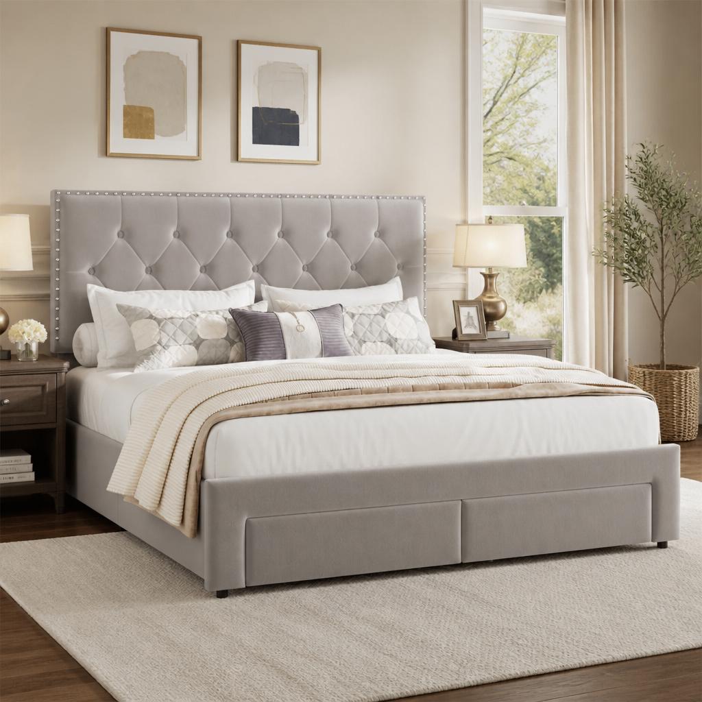 King Size Bed Frame With Storage Drawers - 2 adet çekmeceli, büyük boy yatak