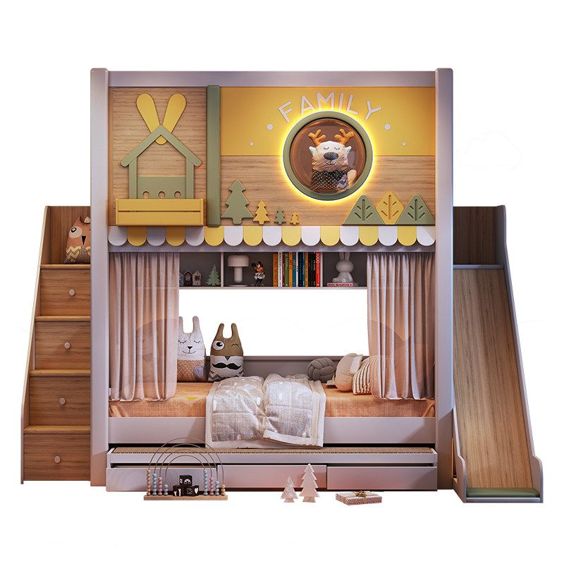 Bunk Bed With Stairs And Slide - Modern Orman Temalı Çocuk Ranzası, Kaydıraklı,