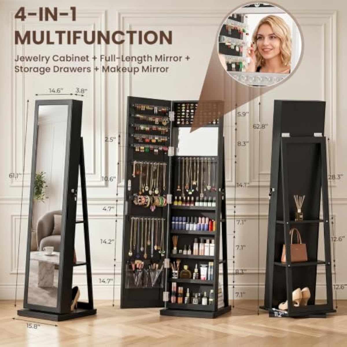 Şık Siyah Ayaklı Mücevher Dola - Full Length Mirror Jewelry Armoire incelemesi ve fiyatı