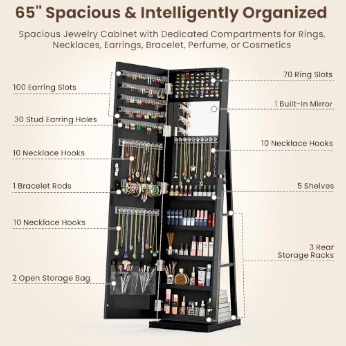 Şık Siyah Ayaklı Mücevher Dola - Full Length Mirror Jewelry Armoire incelemesi ve fiyatı