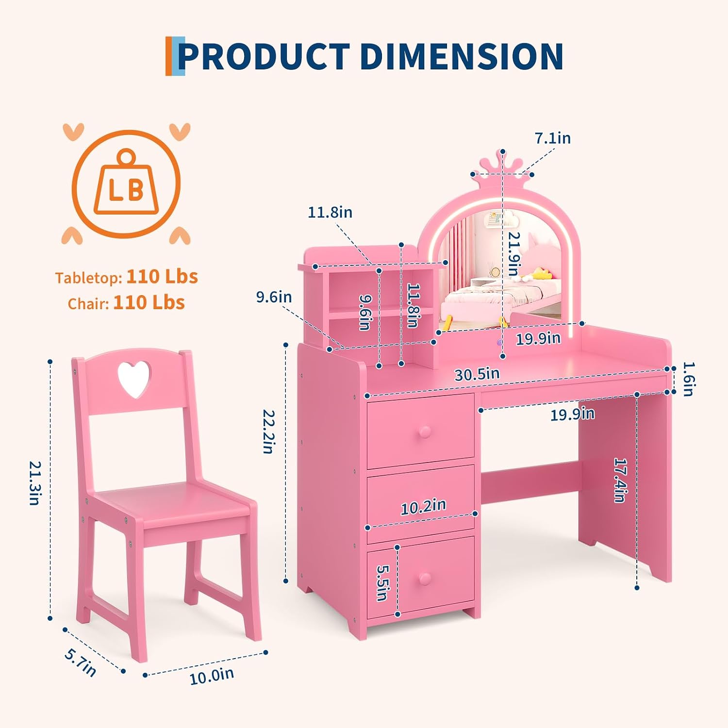 Işıklı Aynalı Çocuk Makyaj Mas - Dressing Table Vanity With Lighted Mirror incelemesi ve fiyatı